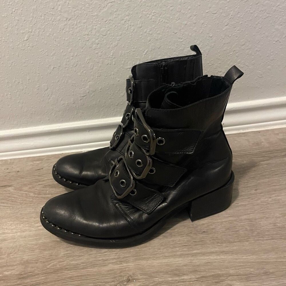 Jeffrey Campbell studded black leather buckle boots. - Picture 2 of 11